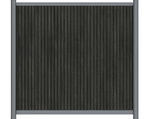 Plotový panel z drevoplastu so zvislými lamelami v dekore dreva antracit a strieborným hliníkovým rámom.