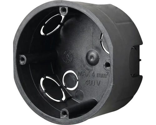 Čierna krabica do dutých stien pre elektroinštalácie s otvormi pre káble a označením pre 4 milimetre štvorcové a 400 Voltov.