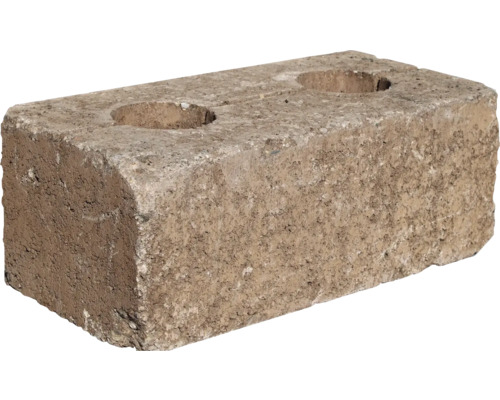 Obdĺžniková tvárnica z béžovo-hnedého betónu s hrubou povrchovou štruktúrou a dvoma guľatými otvormi na hornej strane.