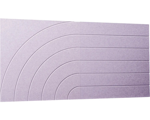 Akustický nástenný panel z plsti s dekoratívnymi oblúkovými a horizontálnymi drážkami vo fialovej farbe.