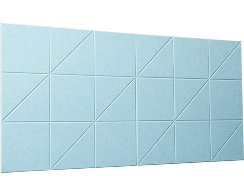 Svetlomodrý akustický nástenný panel s geometrickým trojuholníkovým vzorom z plsti.