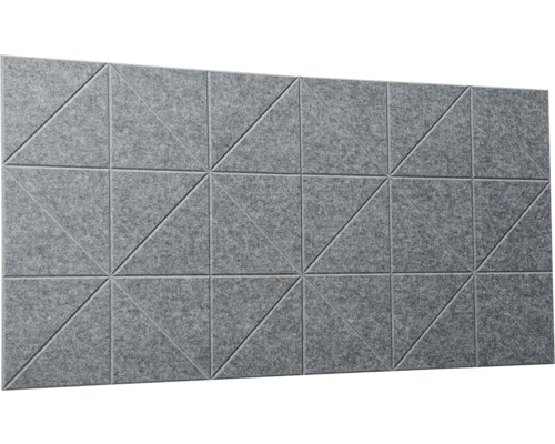 Akustický panel z plsti s geometrickým trojuholníkovým vzorom v sivej farbe pre zvukovú izoláciu.