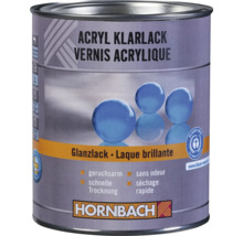 Hornbach akrylový bezfarebný lak lesklý, s nízkym zápachom a rýchloschnúci s ekologickou značkou Modrý anjel. Hornbach Logo.