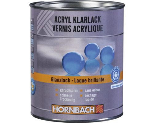Hornbach akrylový bezfarebný lak lesklý, s nízkym zápachom a rýchloschnúci s ekologickou značkou Modrý anjel. Hornbach Logo.