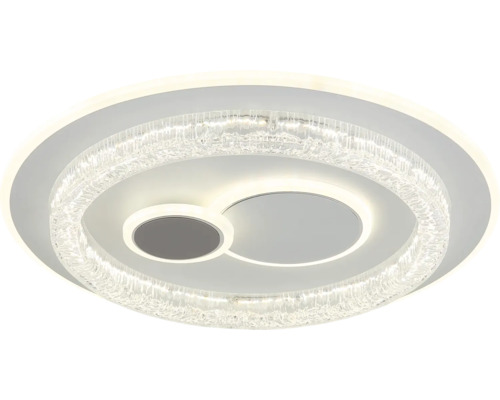Moderné okrúhle stropné LED svietidlo s krištáľovým efektom a dvomi integrovanými svetelnými kruhmi.