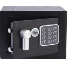 Trezor Yale s elektronickým zámkom, klávesnicou, otočnou rukoväťou, uzamykacími čapmi a Yale Logo.
