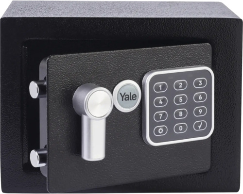 Trezor Yale s elektronickým zámkom, klávesnicou, otočnou rukoväťou, uzamykacími čapmi a Yale Logo.