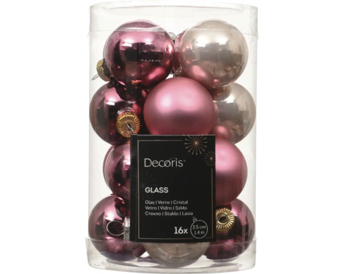 Sada 16 sklenených vianočných gulí Decoris, priemer 3,5 centimetra, ružové odtiene, lesklý a matný povrch.