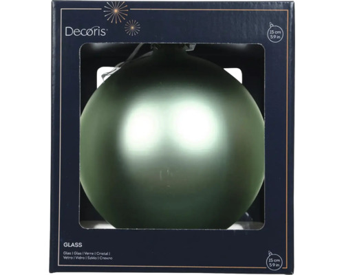 Sklenená vianočná guľa, matná zelená, priemer 15 centimetrov, v balení s Decoris Logo.