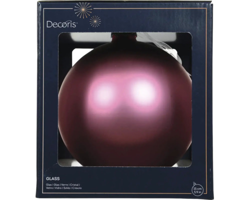 Sklenená vianočná guľa Decoris, priemer 15 centimetrov, vo farbe bobúľ s matným povrchom, v krabici s priezorom.