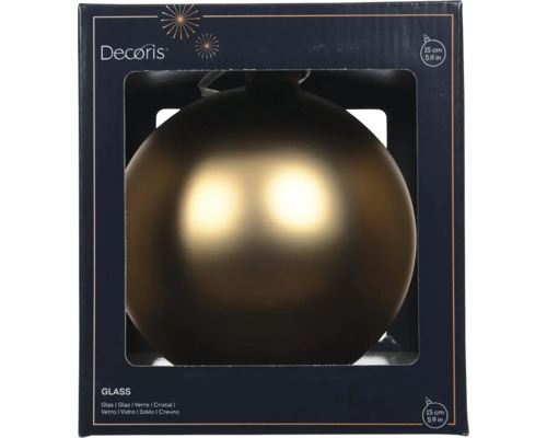 Bronzová sklenená vianočná guľa s priemerom 15 centimetrov v balení s Decoris Logo.
