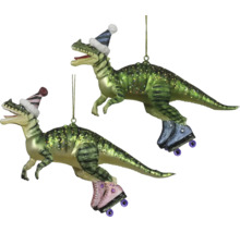 Vianočná ozdoba dinosaurus na kolieskových korčuliach zo skla s flitrami a čiapkou