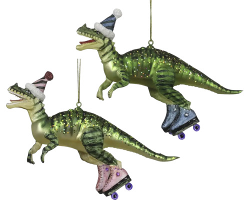 Vianočná ozdoba dinosaurus na kolieskových korčuliach zo skla s flitrami a čiapkou