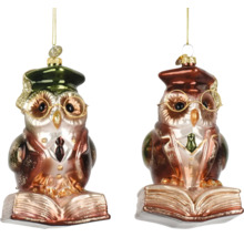 Vianočná ozdoba zo skla, dve sovy s okuliarmi a promočnou čiapkou, sediace na knihe.