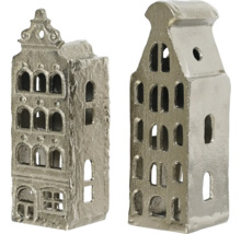 Dva dekoratívne miniatúrne domčeky so štítmi zo strieborného kovu s okennými otvormi.