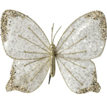 Dekoratívny motýľ v krémovej farbe s glitrami a flitrami.