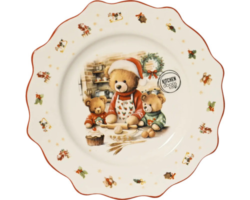 Vianočný porcelánový tanier so zvlneným okrajom, motív s pečúcimi medvedíkmi a Kitchen Goods and More Logo.