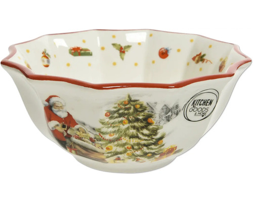 Keramická miska s vianočnými motívmi ako Santa Claus a vianočný stromček, zvlnený okraj, Kitchen Goods and More Logo.