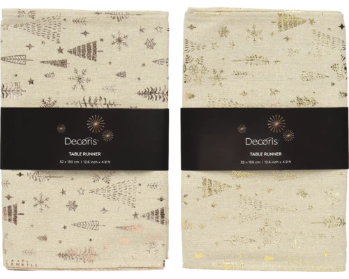 Dva textilné stolové behúne Decoris s vianočnými motívmi ako stromčeky a hviezdy v zlatej a ružovozlatej farbe, 32 krát 150 centimetrov.