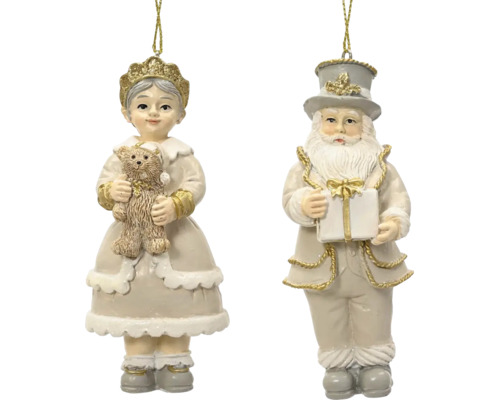 Sada dvoch vianočných ozdôb, dievča s medvedíkom a Santa Claus s darčekom, béžová a zlatá.