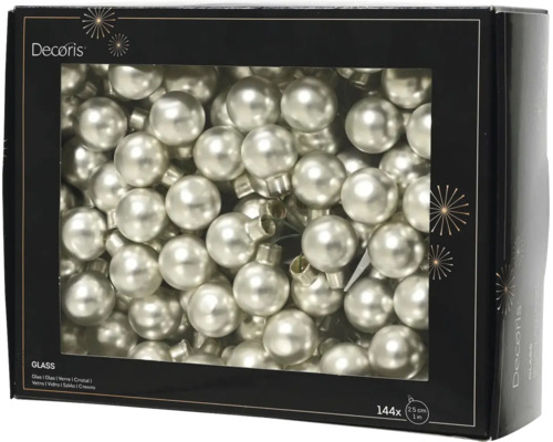 Balenie 144 sklenených vianočných gulí Decoris, priemer 2,5 centimetra, perleťovo biela.