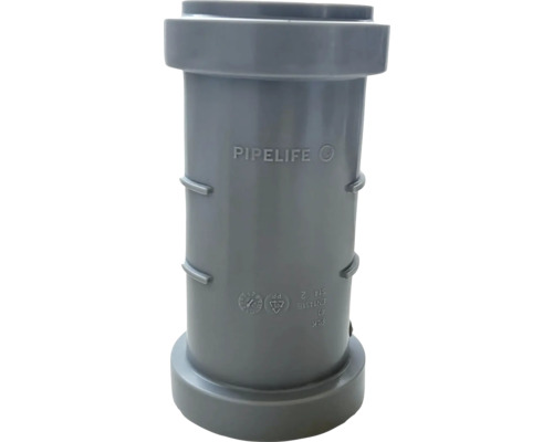 Pipelife HT dvojhrdlová spojka zo sivého polypropylénu pre vnútorné odpadové potrubie.