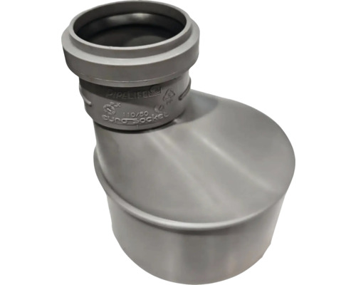 Excentrická redukcia Pipelife HT z polypropylénu, menovitý priemer 110 na 50 milimetrov, sivá.