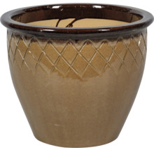 Glazovaný keramický kvetináč s kosoštvorcovým vzorom na hornom okraji.