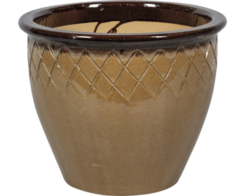 Glazovaný keramický kvetináč s kosoštvorcovým vzorom na hornom okraji.