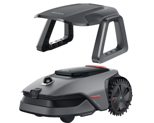 Robotická kosačka Mova s garážou a LiDAR technológiou na precízne kosenie trávy.