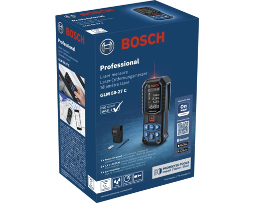 Laserový diaľkomer Bosch Professional GLM 50-27 C v balení s Bluetooth, dosahom 50 Meter, vrátane ochranného puzdra a príslušenstva.