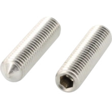 Dve závrtné skrutky s vnútorným šesťhranom a hrotom z kovu.