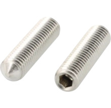 Dve kovové stavacie skrutky s vnútorným šesťhranom a hrotom.