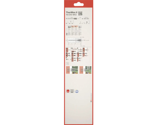 Zadná strana obalu Fischer TherMax II 16/250 M12 s technickými údajmi, montážnym návodom, príkladmi, certifikátmi a fischer Logo.