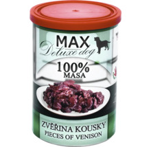 Konzerva Max Deluxe pre psov so 100 percentami kúskov zveriny.