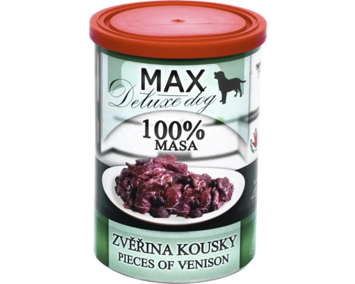 Konzerva Max Deluxe pre psov so 100 percentami kúskov zveriny.