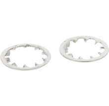 Dve vejárové podložky s vnútorným ozubením z kovu pre skrutkové spoje.