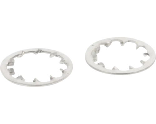 Dve vejárové podložky s vnútorným ozubením z kovu pre skrutkové spoje.