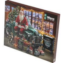 Adventný kalendár Wera s 24 okienkami, motív s Mikulášom na zelenom pick-upe, vozíkom na náradie a darčekmi.