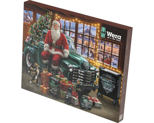 Adventný kalendár Wera s 24 okienkami, motív s Mikulášom na zelenom pick-upe, vozíkom na náradie a darčekmi.