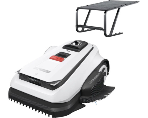 Robotická kosačka s bielym krytom, čiernymi detailmi a červeným tlačidlom stop, vrátane čiernej garážovej strechy.