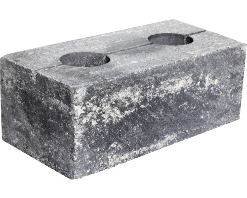 Obdĺžniková betónová tvárnica s dvoma kruhovými otvormi a drážkou na hornej strane.