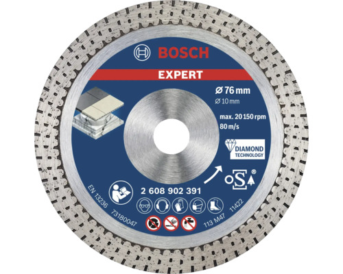 Diamantový rezný kotúč Bosch Expert 76 mm na dlaždice a kameň s diamantovou technológiou a bezpečnostným označením