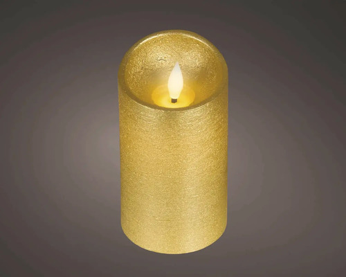Zlatá LED valcová sviečka so štruktúrovaným povrchom.