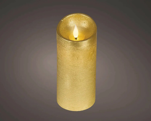 Zlatá LED stĺpová sviečka so štruktúrovaným povrchom a svietiacim LED plameňom.