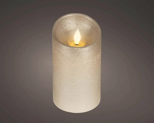 LED valcová sviečka s metalickým povrchom a umelým plameňom.