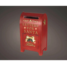 Červená vianočná poštová schránka s nápisom Letters for Santa, zlatou hviezdou a mašľou.