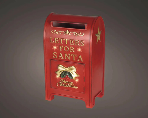 Červená vianočná poštová schránka s nápisom Letters for Santa, zlatou hviezdou a mašľou.