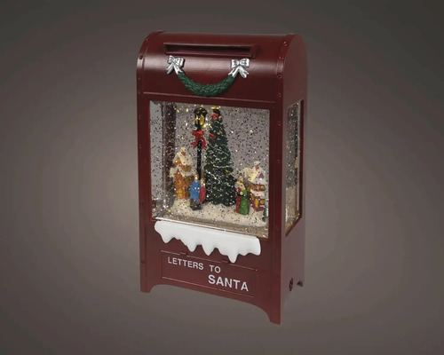 Vianočná dekorácia v tvare červenej poštovej schránky so snežiacou guľou, stromčekom a nápisom Letters to Santa.