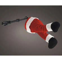 Dekoratívne nohy Santa Clausa s mechanickým ramenom, červené nohavice, biela umelá kožušina a čierne topánky.